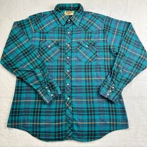 Youngblood Vintage Pearl Snap Western Shirt Men's size Large Green Plaid Gold